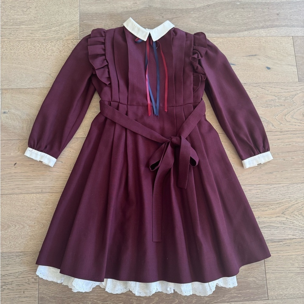 Vintage Burberrys Girls Burgundy Pinafore Dress with Lace Trim and Ribbon Detail